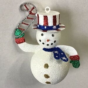 Patriotic Snowman Ornament Candy Cane Glittery Red White Blue Christmas Holiday